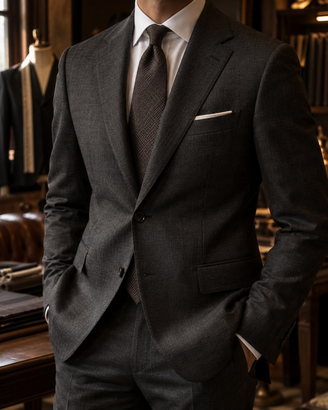 Close-up of a charcoal tailored suit, showing the lapel, shirt and tie